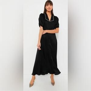 THE GREAT. The Melody Dress Romantic Puff Sleeve Satin Maxi Black Size 1 or S